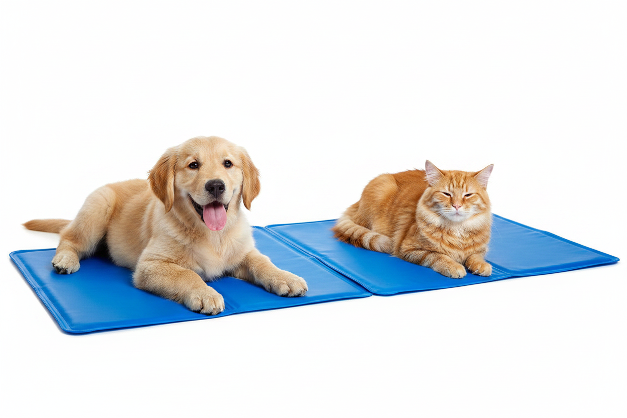 Cane e gatto su due cuscini gel refrigeranti